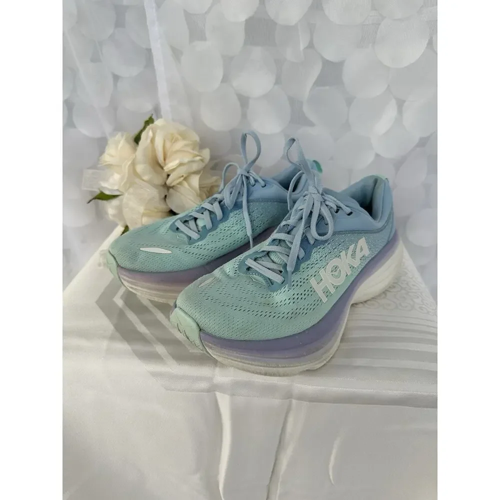 Hoka One One Womens 7.5 Bondi 8 Blue Lavender Casual Athletic Sneakers CLEANED